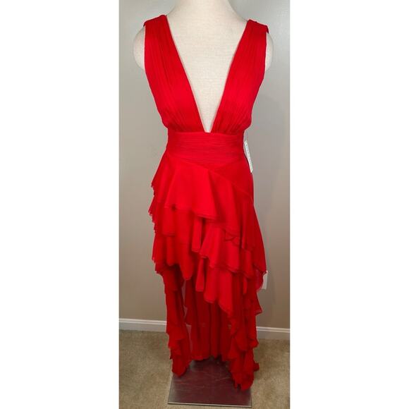 Alice + Olivia Holly Ruffle Tiered Asymmetric High Low Red Maxi Dress Sz 2 - Picture 3 of 11